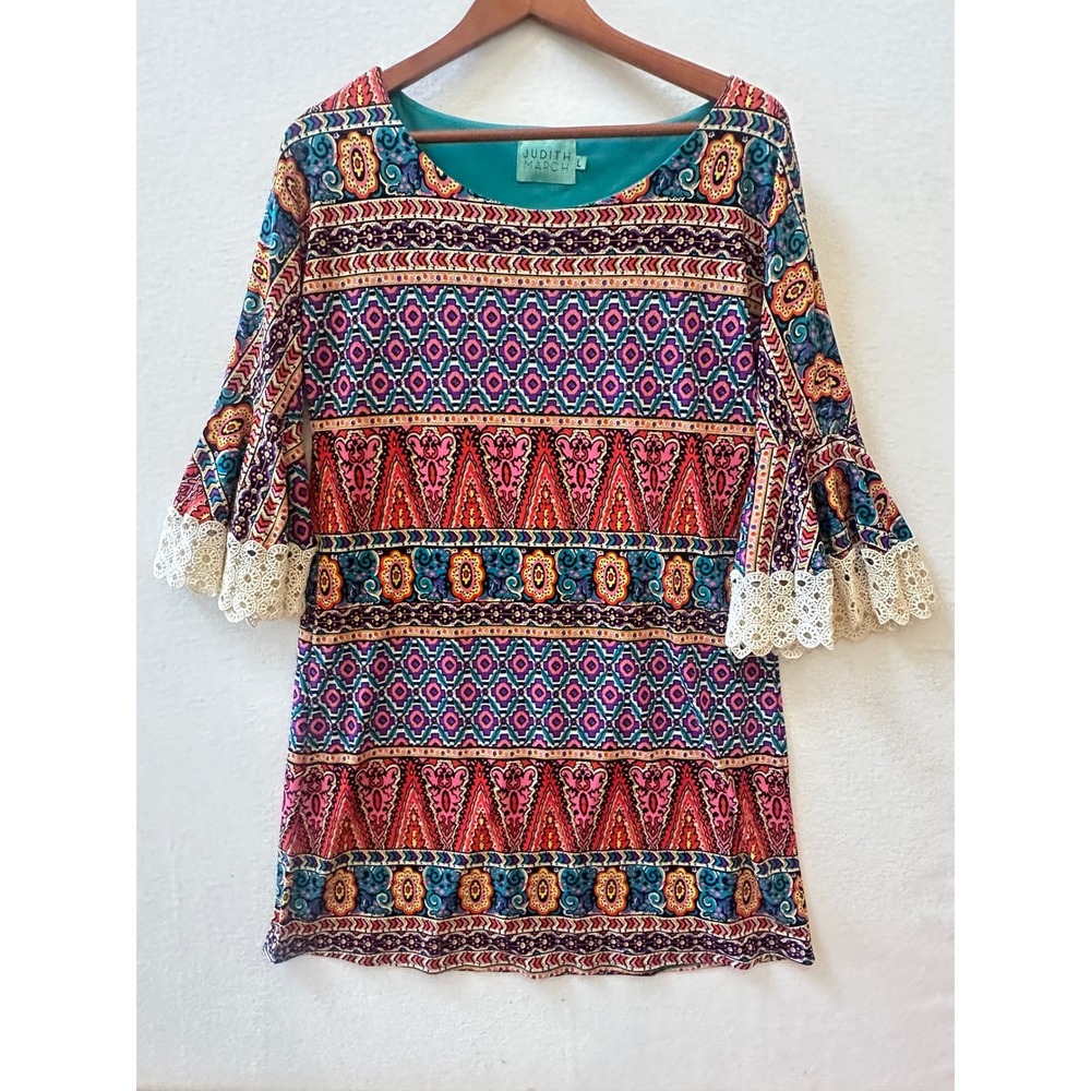 Judith March Boho Geometric Print Bell Sleeve Lace Trim Mini Dress Large